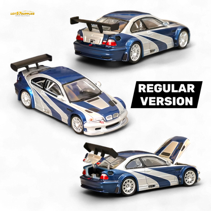 Silver-blue BMW E46 M3 GTR diecast model car in 1:64 scale, featuring detailed design from Lot57Supplies Diecast Shop.