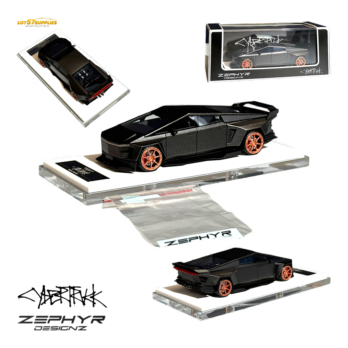 Matte gray 1:64 scale Tesla Cybertruck diecast model with custom widebody design by Lot57Supplies Diecast Shop.