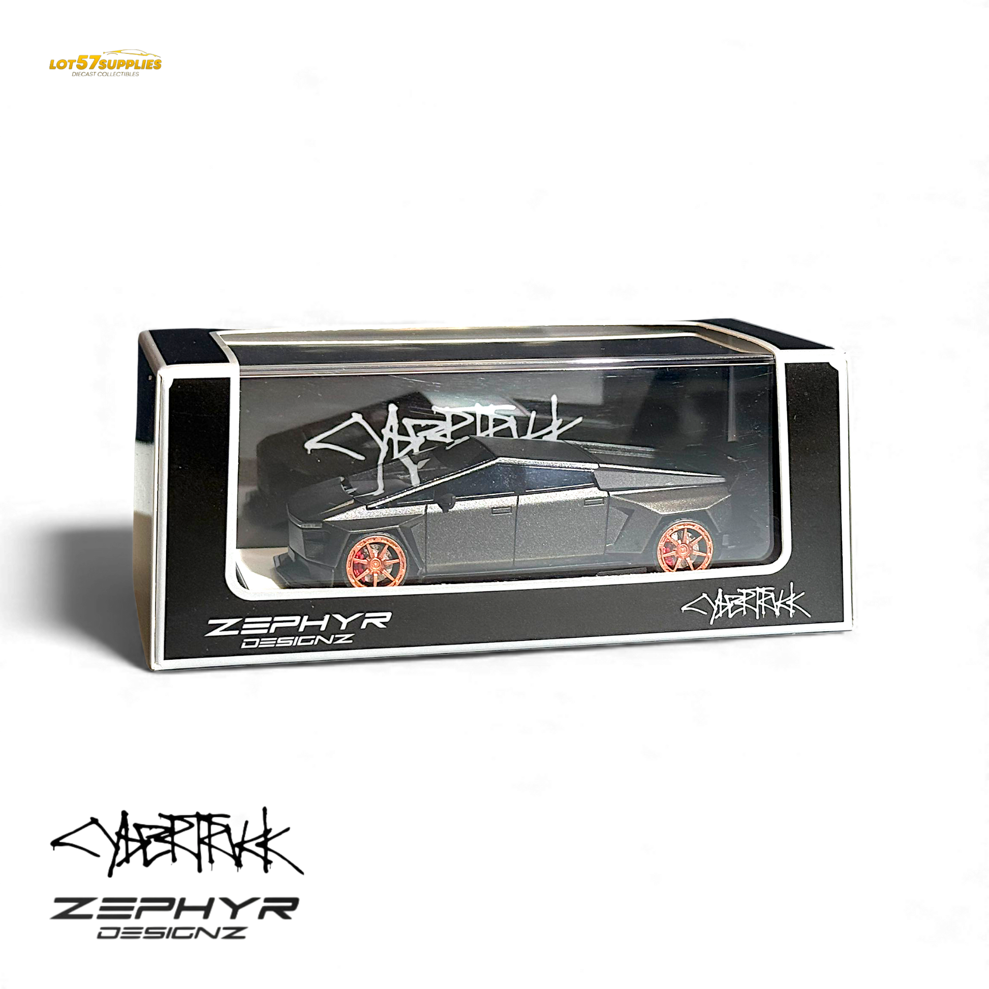 Matte gray 1:64 scale Tesla Cybertruck diecast model with widebody design, detailed features, by Lot57Supplies Diecast Shop.