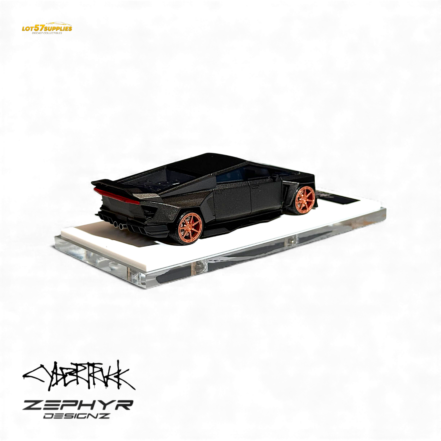 Matte gray 1:64 scale Tesla Cybertruck diecast model with widebody custom design by Lot57Supplies Diecast Shop.