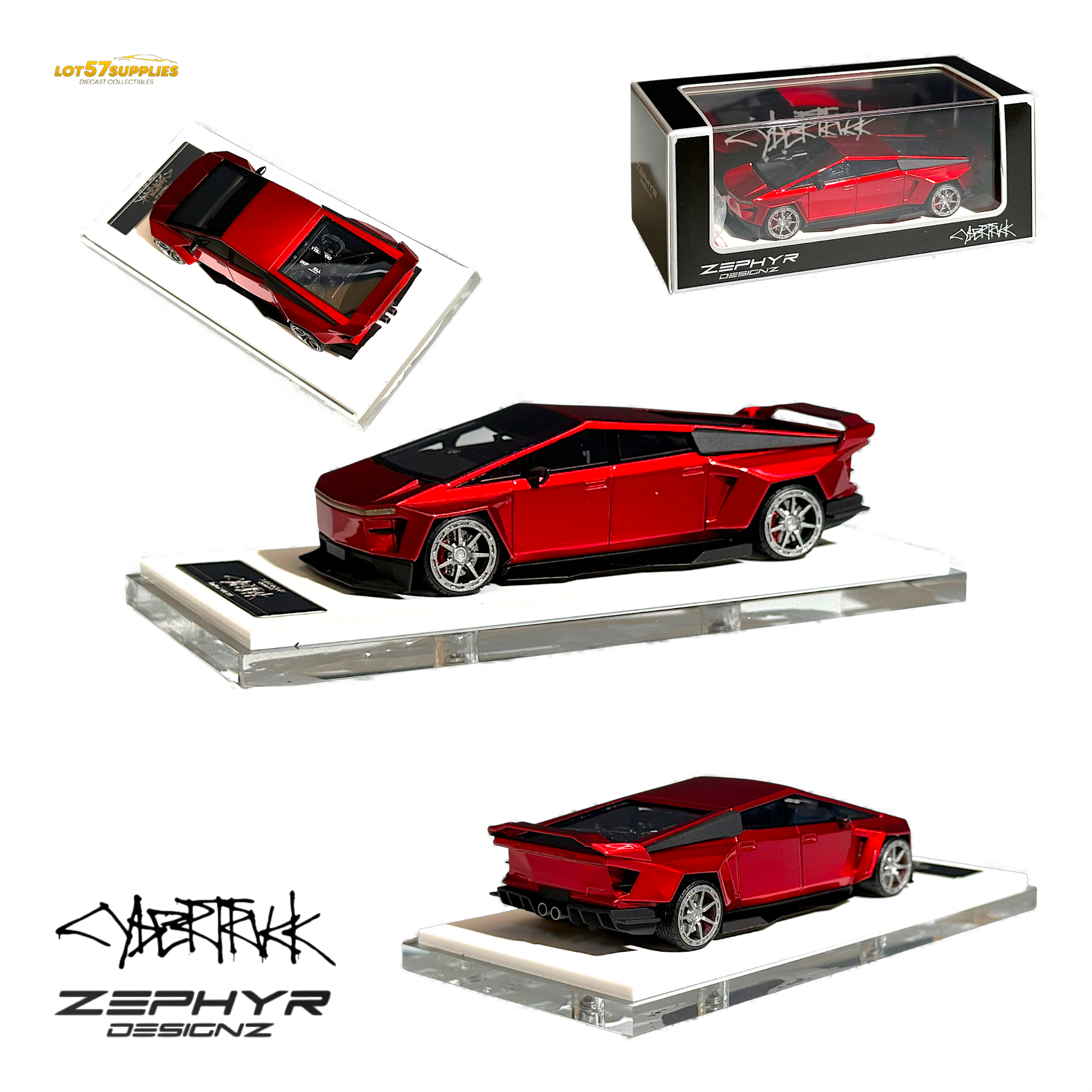 404ERROR Tesla Cybertruck Custom Widebody Lowered - Metallic Red 1:64 - Evergreen Kings