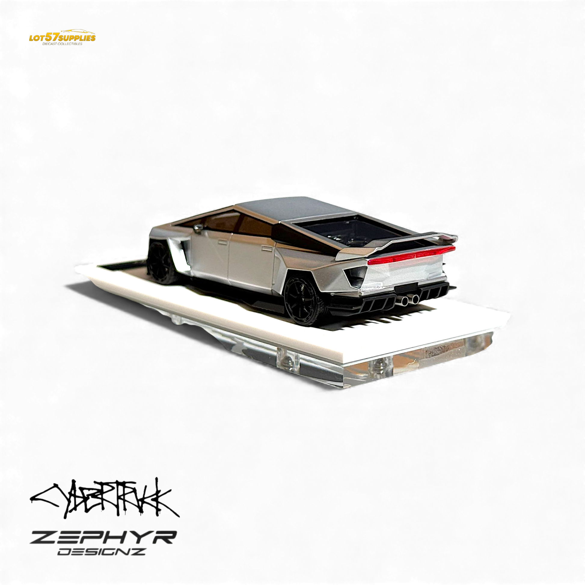 Silver 1:64 Tesla Cybertruck diecast model featuring a custom widebody lowered design by Lot57Supplies Diecast Shop.