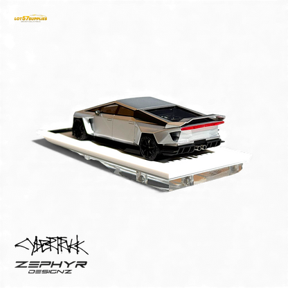 Silver 1:64 Tesla Cybertruck diecast model featuring a custom widebody lowered design by Lot57Supplies Diecast Shop.