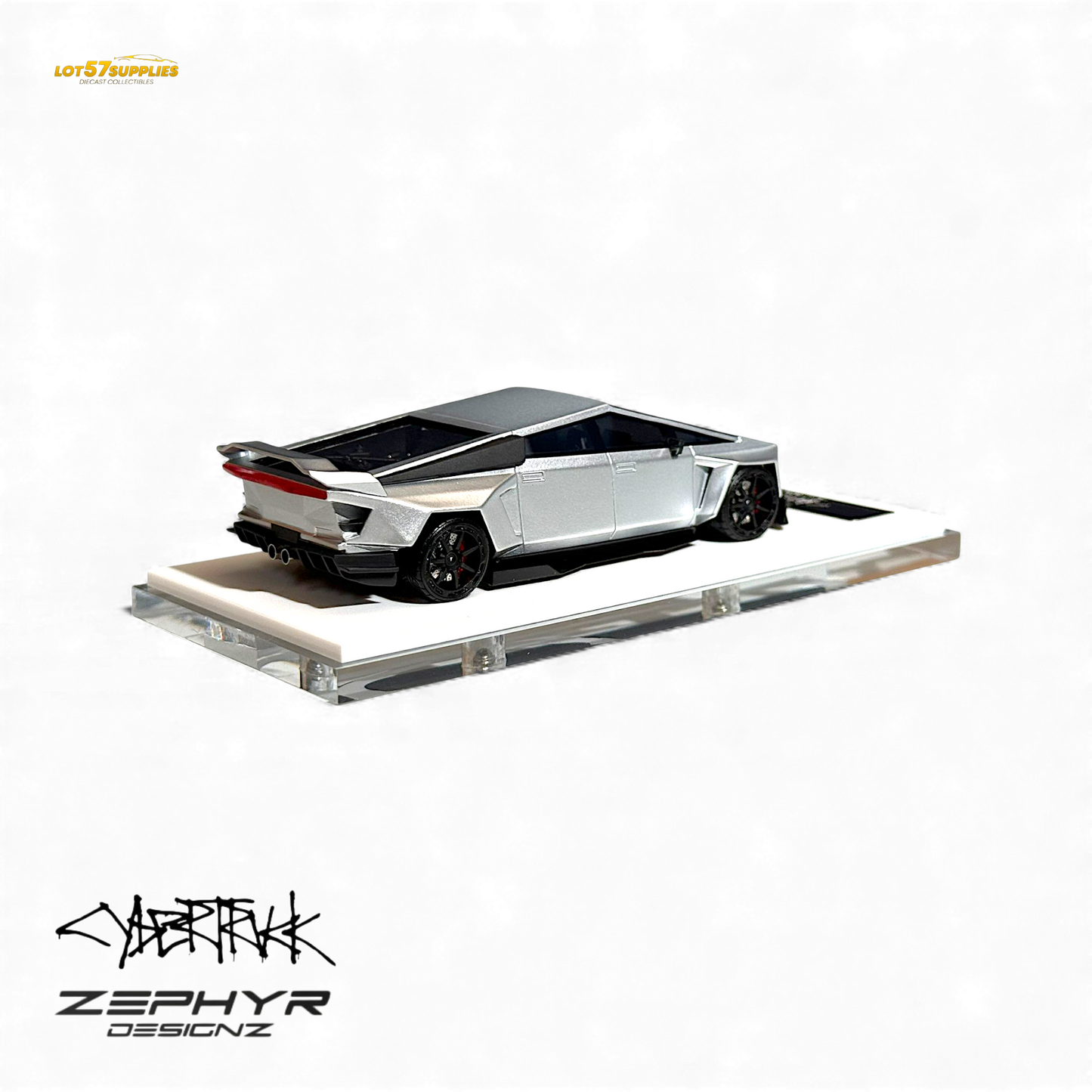 Silver 1:64 Tesla Cybertruck diecast model with custom widebody and lowered stance from Lot57Supplies Diecast Shop.