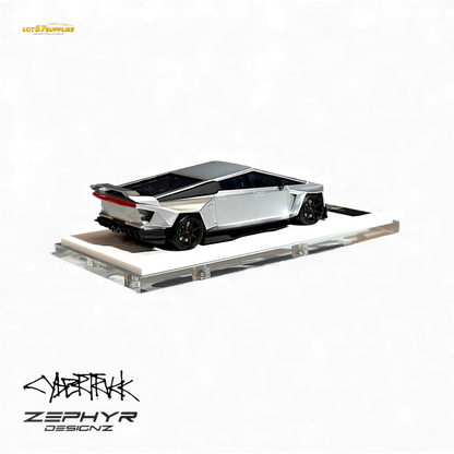 Silver 1:64 Tesla Cybertruck diecast model with custom widebody and lowered stance from Lot57Supplies Diecast Shop.