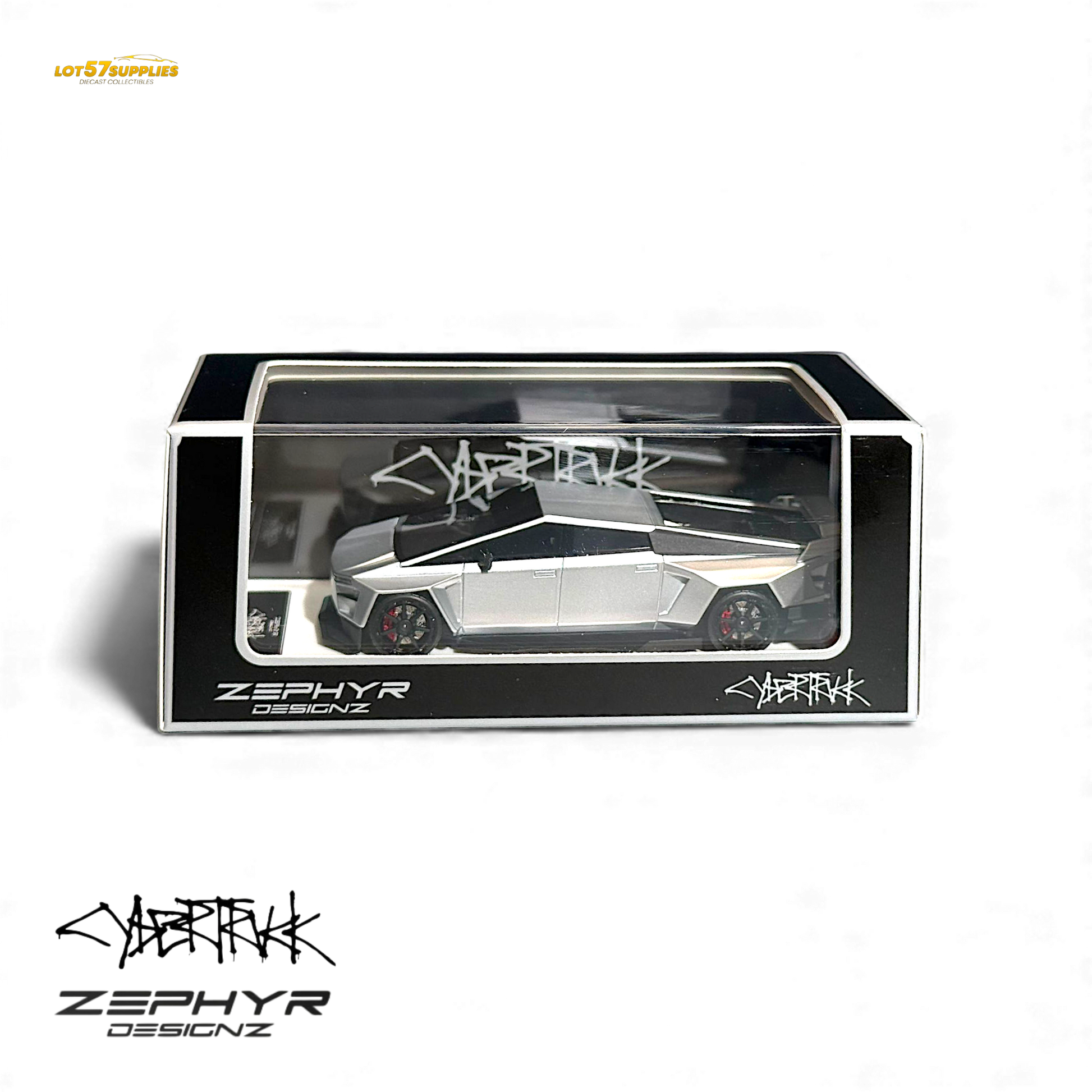 Silver 1:64 Tesla Cybertruck diecast model with custom widebody and lowered stance, detailed design from Lot57Supplies Diecast Shop.