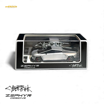 Silver 1:64 Tesla Cybertruck diecast model with custom widebody and lowered stance, detailed design from Lot57Supplies Diecast Shop.