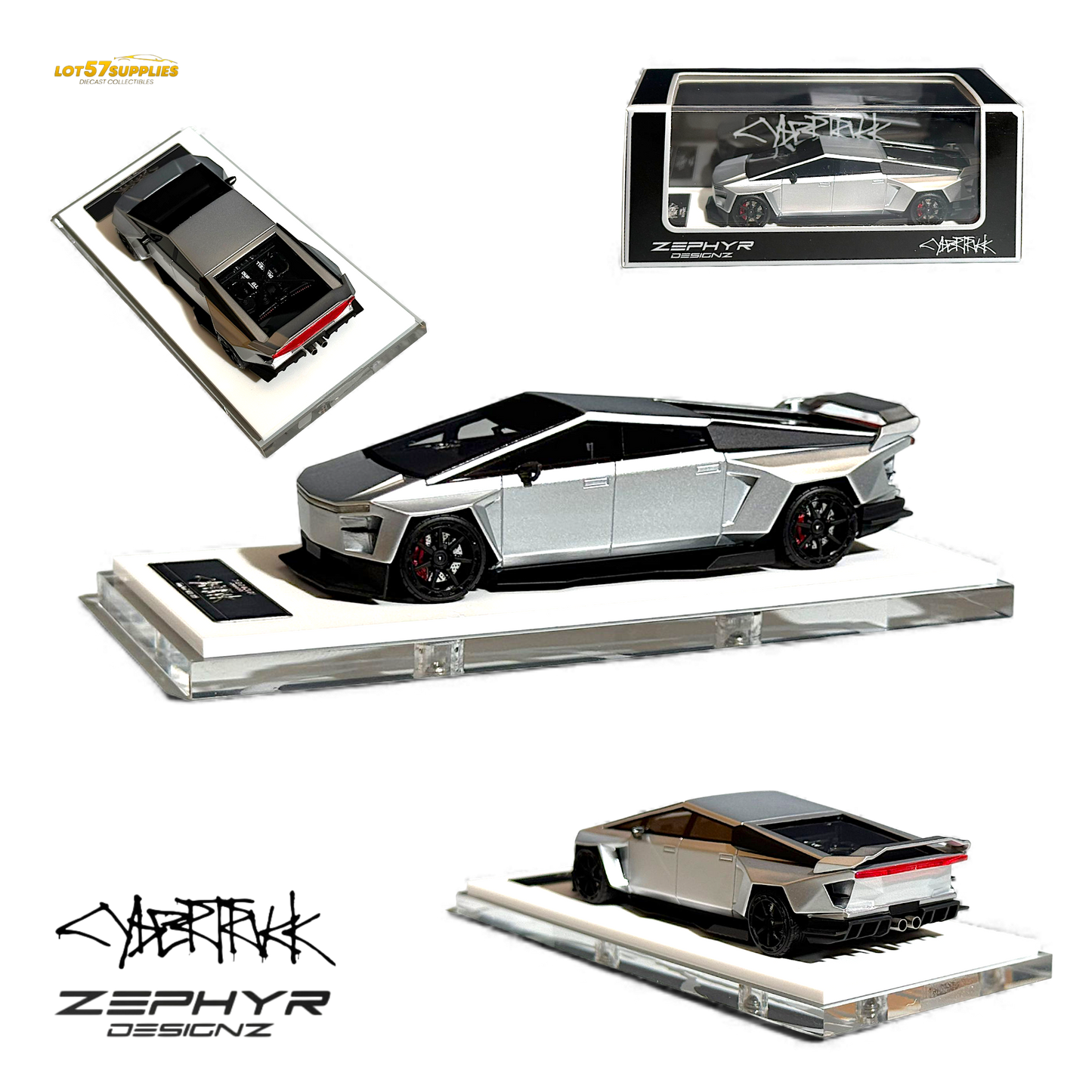 Silver 1:64 Tesla Cybertruck diecast model with custom widebody and lowered design from Lot57Supplies Diecast Shop.