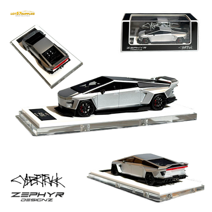 Silver 1:64 Tesla Cybertruck diecast model with custom widebody and lowered design from Lot57Supplies Diecast Shop.