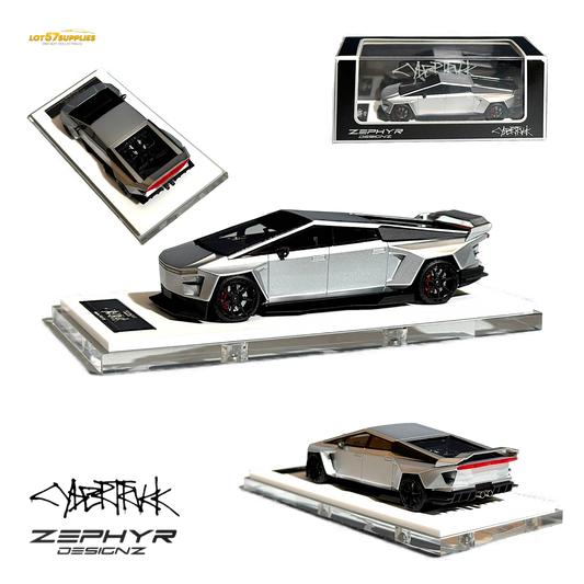 Silver 1:64 Tesla Cybertruck diecast model with custom widebody and lowered design from Lot57Supplies Diecast Shop.