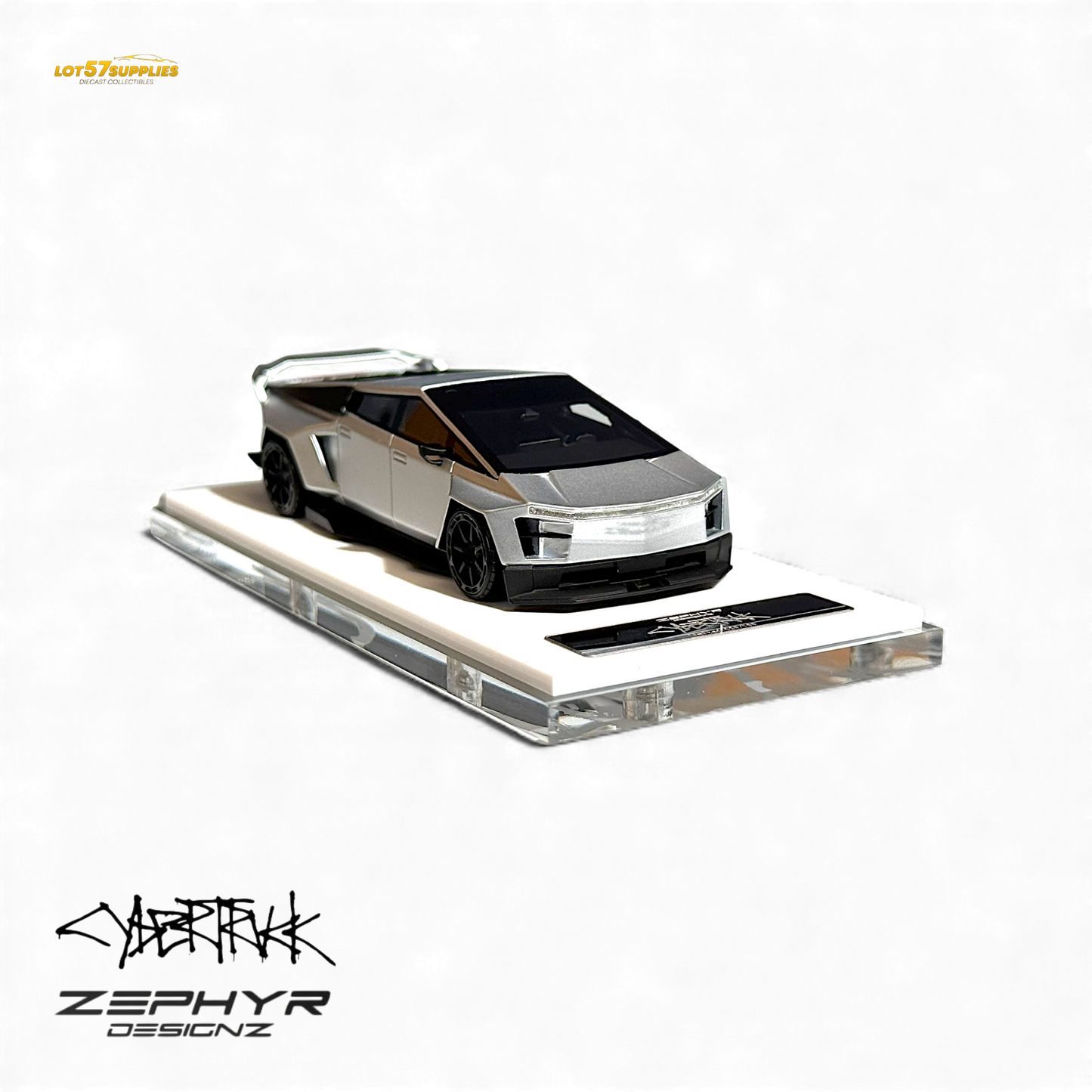 Silver 1:64 Tesla Cybertruck diecast model with widebody and lowered suspension, detailed custom design by Lot57Supplies Diecast Shop.