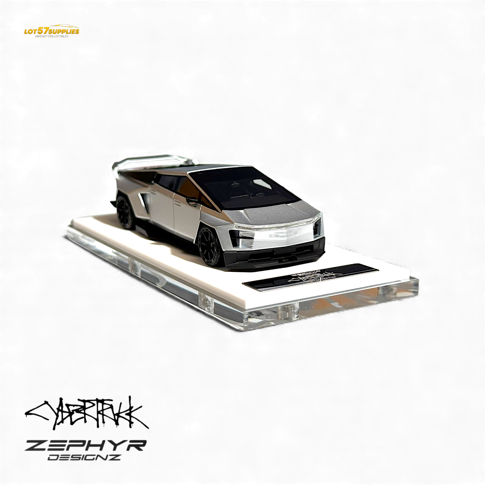 Silver 1:64 Tesla Cybertruck diecast model with widebody and lowered suspension, detailed custom design by Lot57Supplies Diecast Shop.