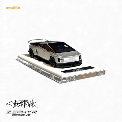Silver 1:64 Tesla Cybertruck diecast model with widebody and lowered suspension, detailed custom design by Lot57Supplies Diecast Shop.