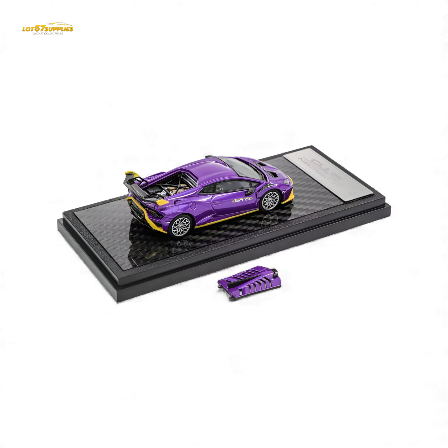 Purple Lamborghini Huracan STO diecast model in 1:64 scale by Lot57Supplies, detailed miniature car for collectors.