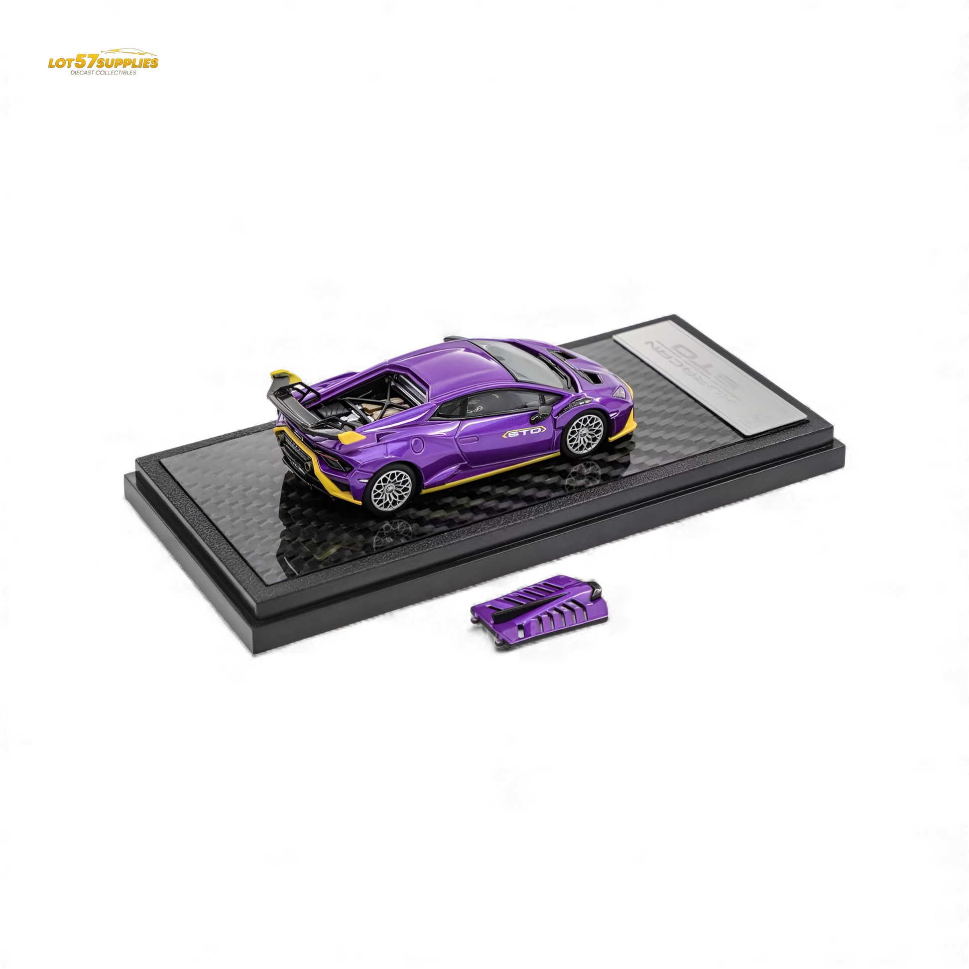 Purple Lamborghini Huracan STO diecast model in 1:64 scale by Lot57Supplies, detailed miniature car for collectors.