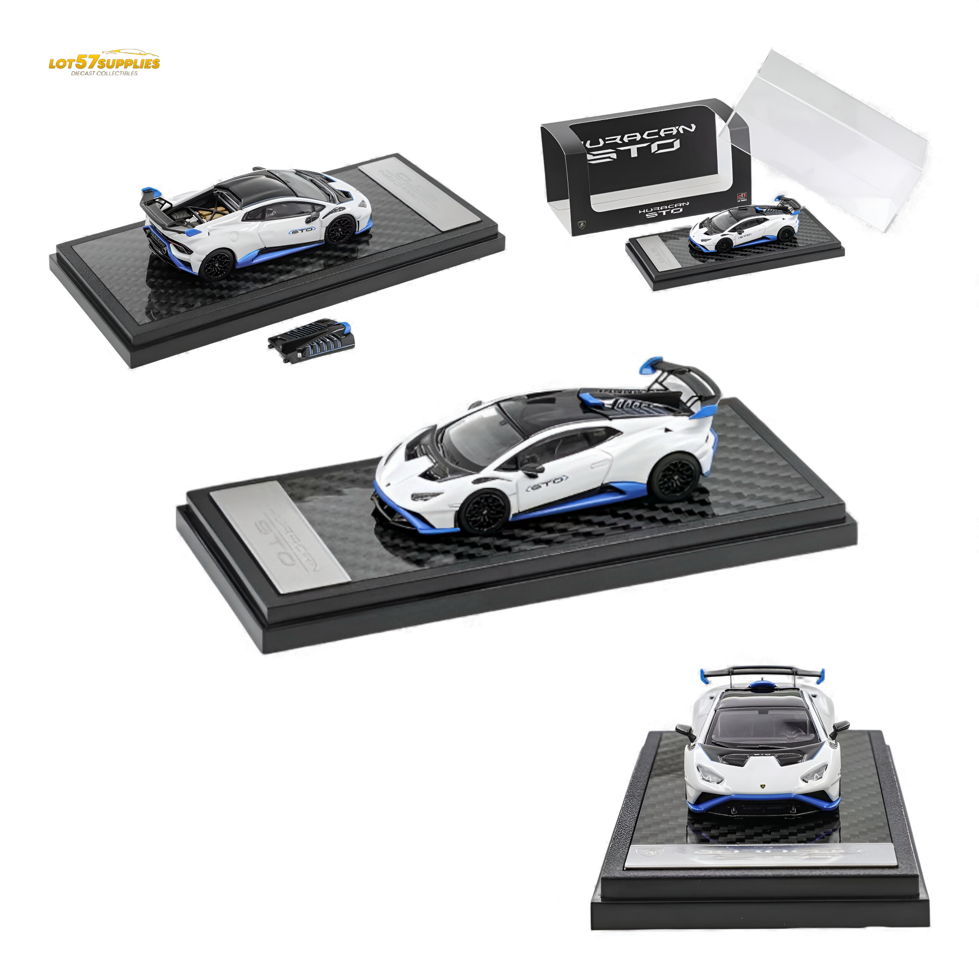 White 1:64 scale Lamborghini Huracan STO diecast model by Lot57Supplies Diecast Shop, detailed view of the miniature car.