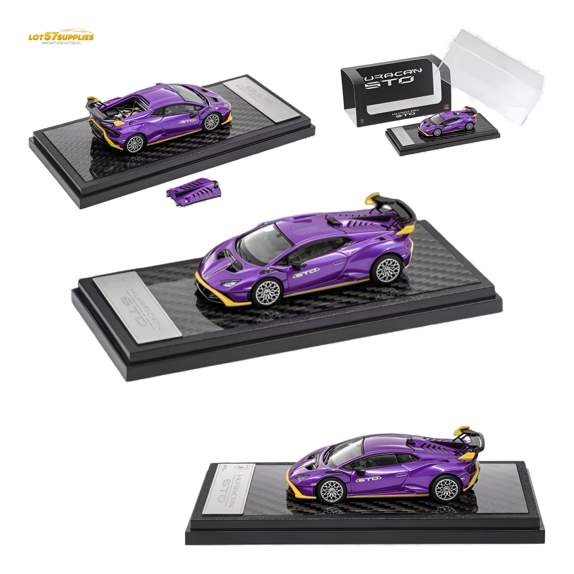 Purple Lamborghini Huracan STO diecast model in 1:64 scale by Lot57Supplies, detailed miniature car for collectors.