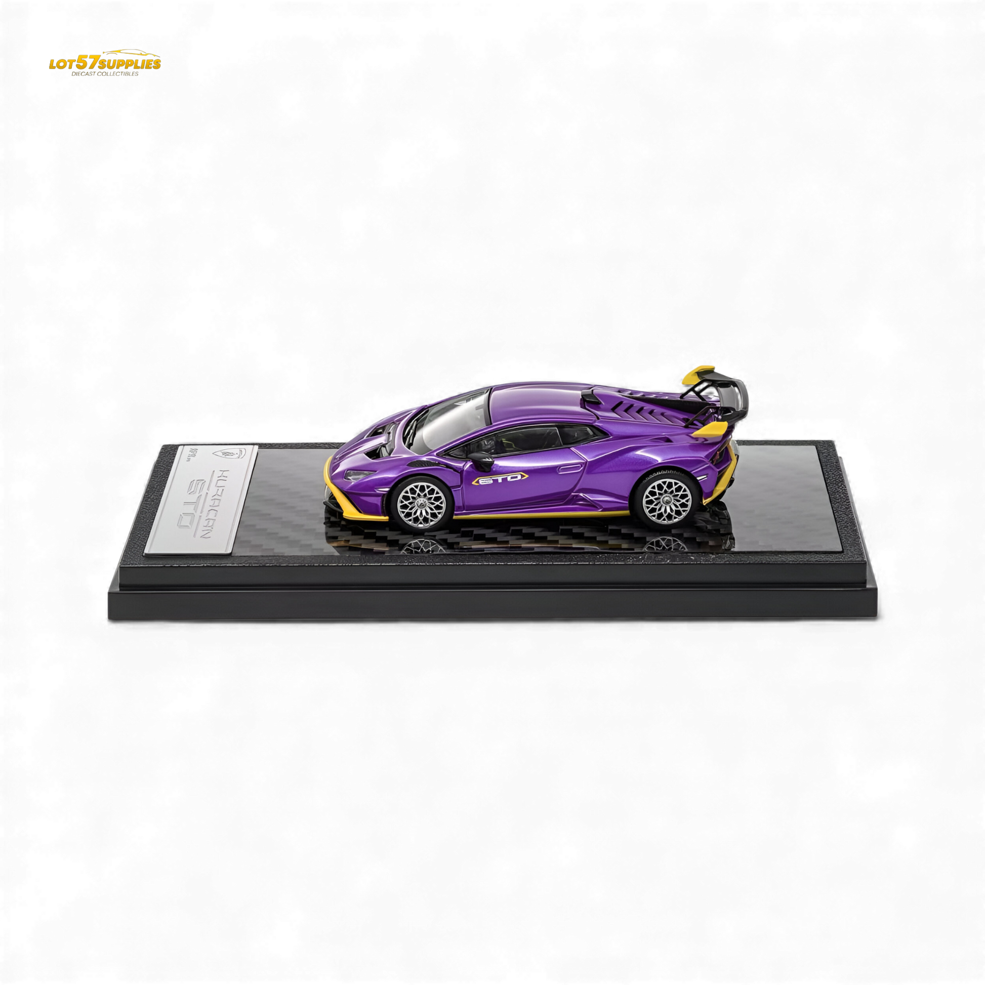 Purple LCD Lamborghini Huracan STO diecast model in 1:64 scale, detailed miniature car by Lot57Supplies Diecast Shop.