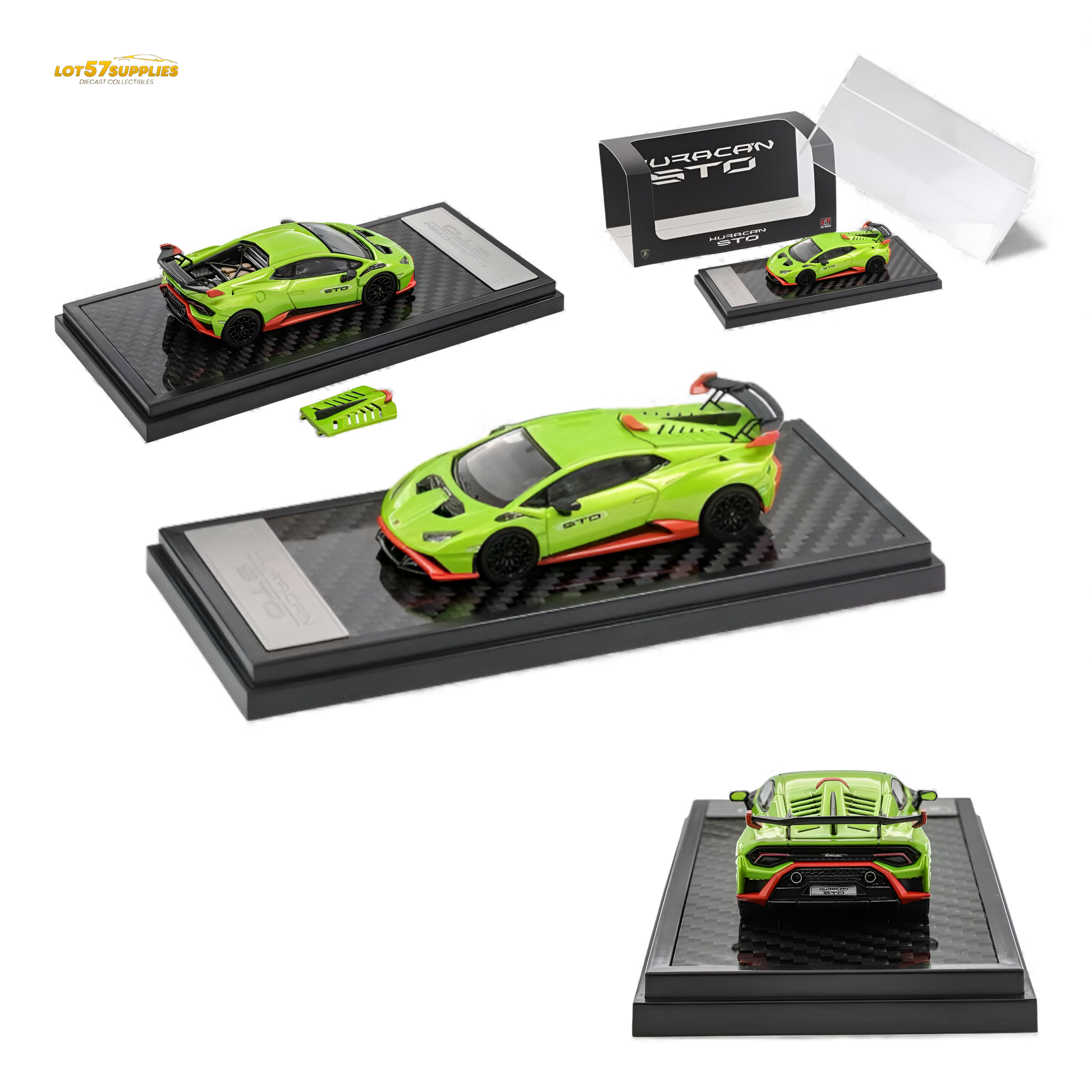 Green Lamborghini Huracan STO diecast model in 1:64 scale by Lot57Supplies, detailed car replica with realistic features.