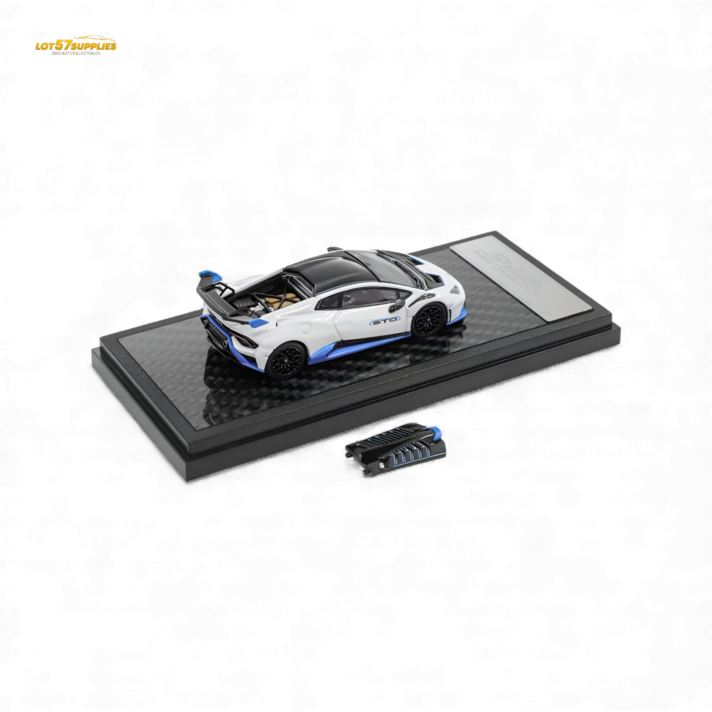 White LCD Lamborghini Huracan STO diecast model in 1:64 scale, detailed replica from Lot57Supplies Diecast Shop.