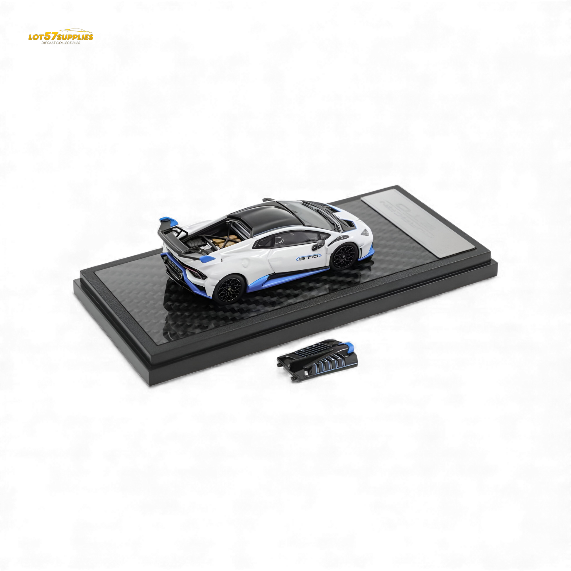 White LCD Lamborghini Huracan STO diecast model in 1:64 scale, detailed replica from Lot57Supplies Diecast Shop.