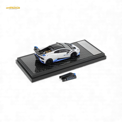 White LCD Lamborghini Huracan STO diecast model in 1:64 scale, detailed replica from Lot57Supplies Diecast Shop.