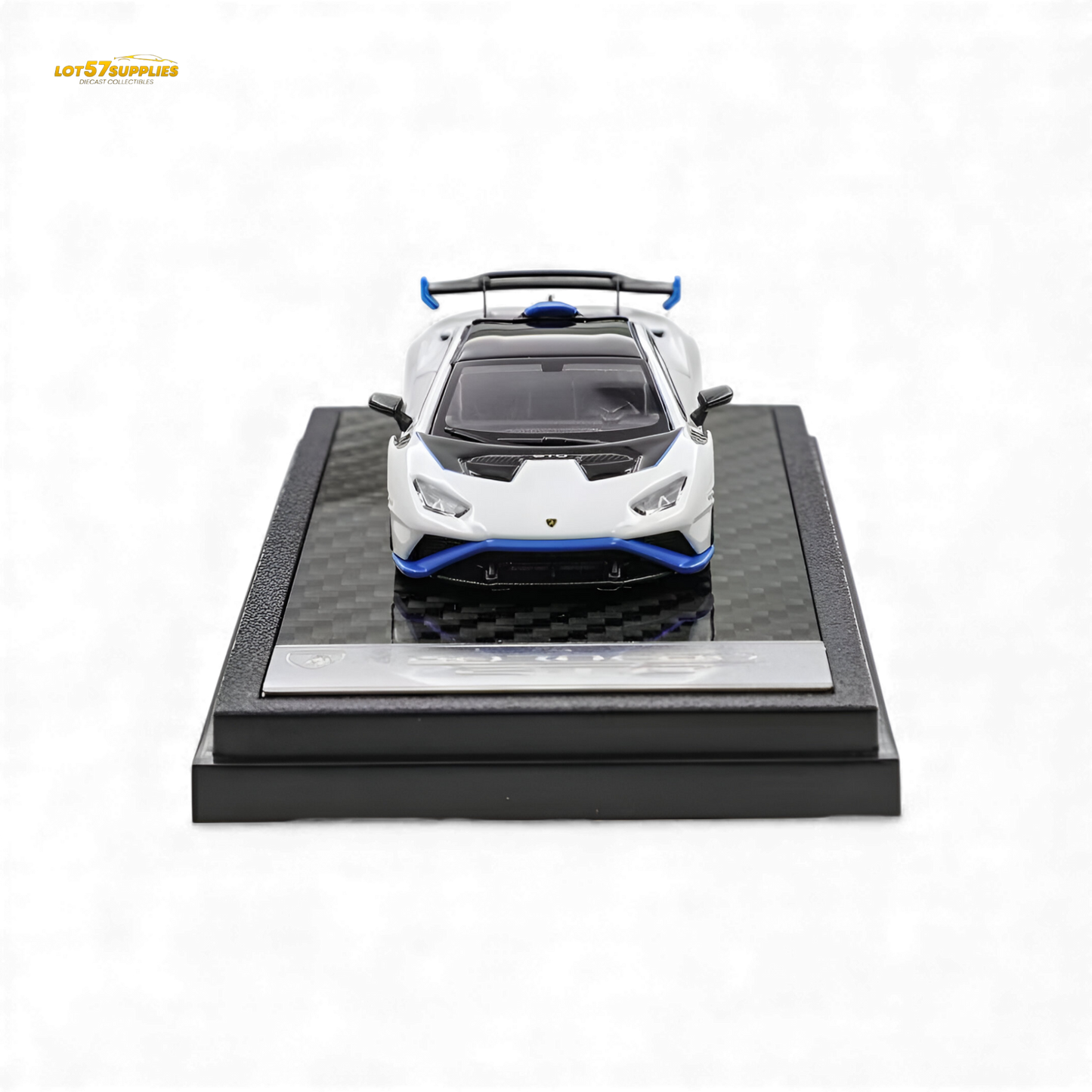 White 1:64 scale Lamborghini Huracan STO diecast model by Lot57Supplies, detailed miniature sports car for collection.