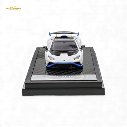White 1:64 scale Lamborghini Huracan STO diecast model by Lot57Supplies, detailed miniature sports car for collection.