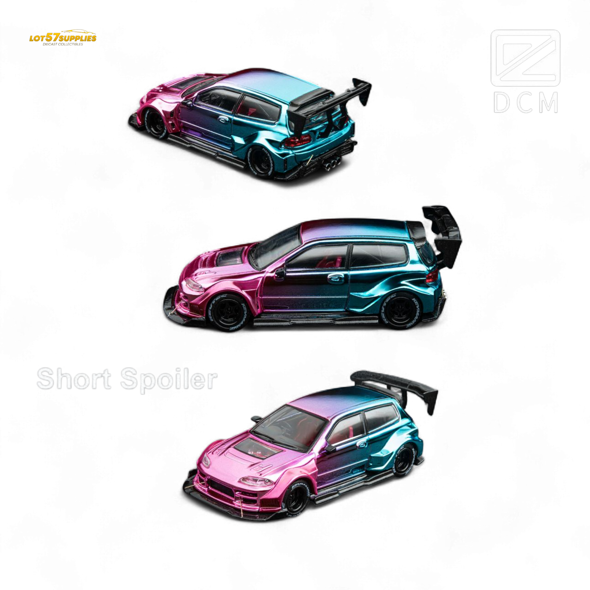 Colorful 1:64 scale diecast model of a Honda EG6 hatchback with wide body kit, detailed design from Lot57Supplies Diecast Shop.
