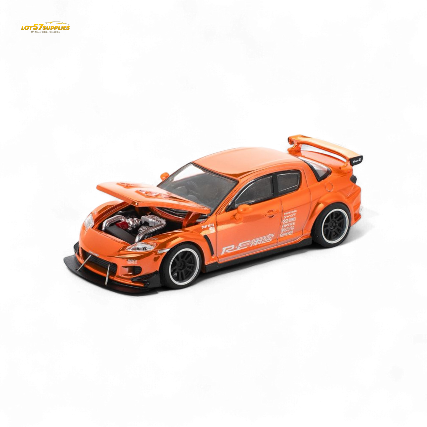 Chrome orange Mazda RX-8 diecast model by Poprace, 1:64 scale, with detailed Re-Amemiya design, from Lot57Supplies Diecast Shop.
