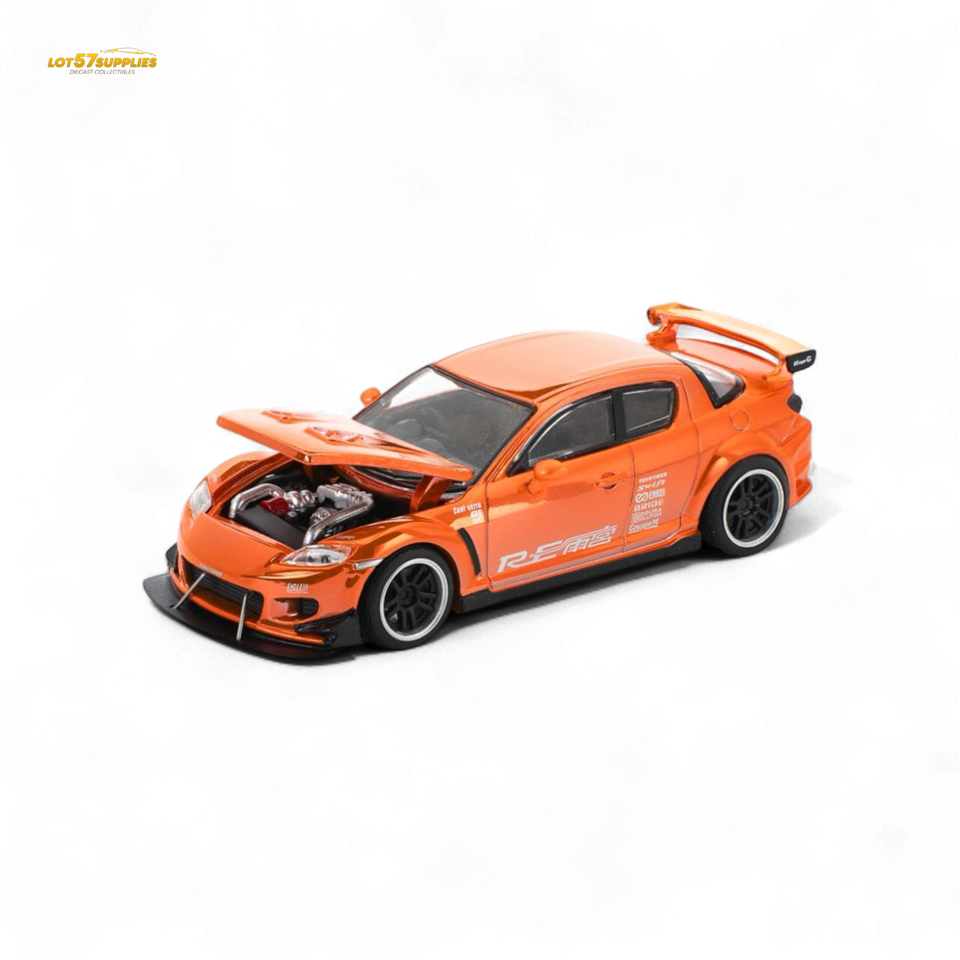 Chrome orange Mazda RX-8 diecast model by Poprace, 1:64 scale, with detailed Re-Amemiya design, from Lot57Supplies Diecast Shop.