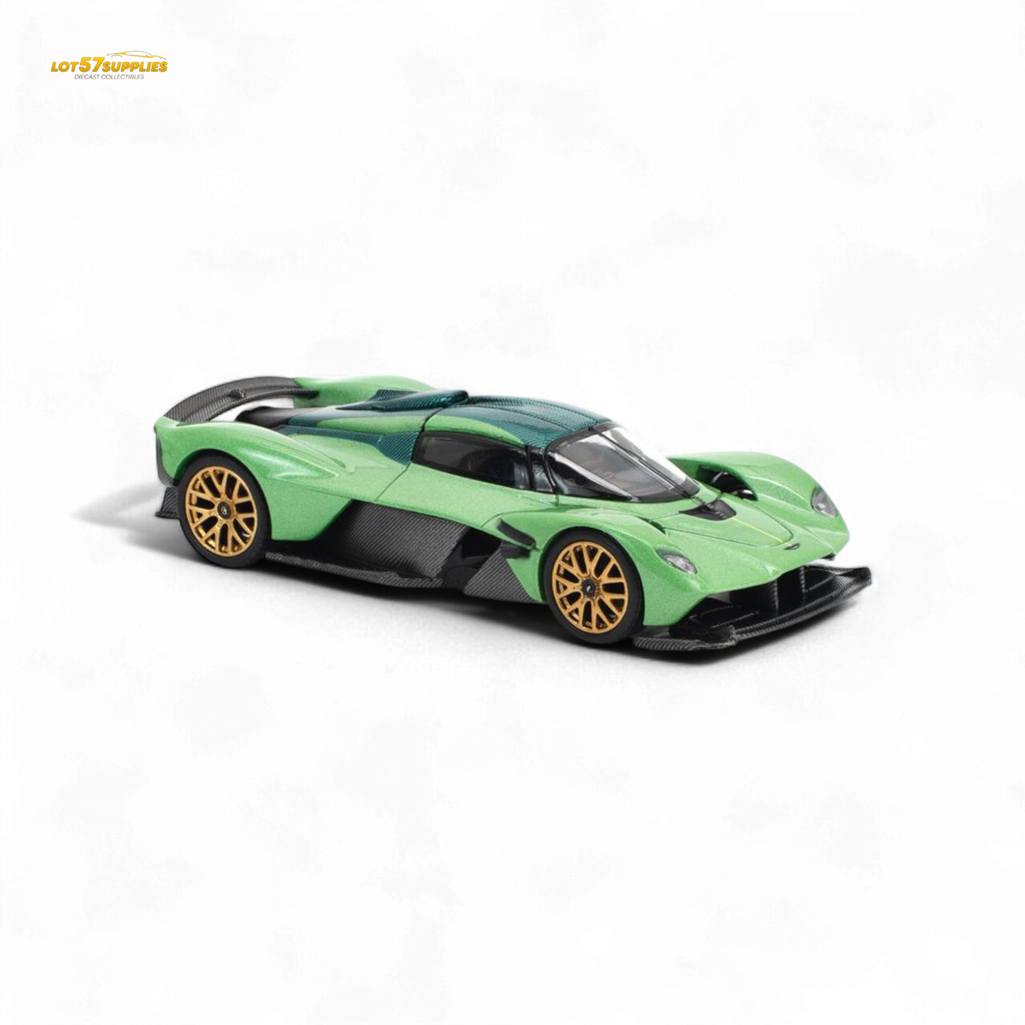 Iridescent emerald Aston Martin Valkyrie 1:64 diecast model from PopRace, detailed silver accents, sleek sports car design.