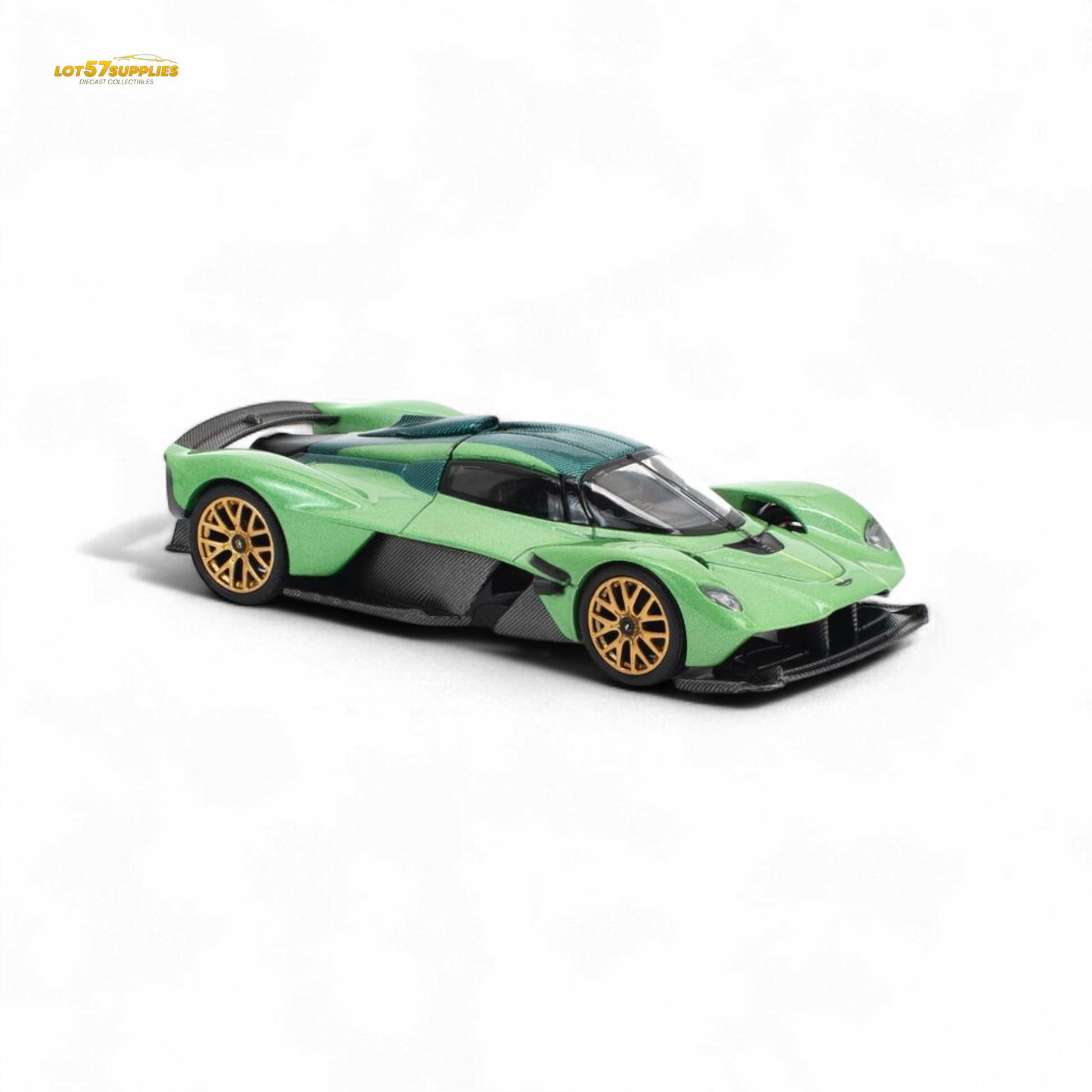 Iridescent emerald Aston Martin Valkyrie 1:64 diecast model from PopRace, detailed silver accents, sleek sports car design.