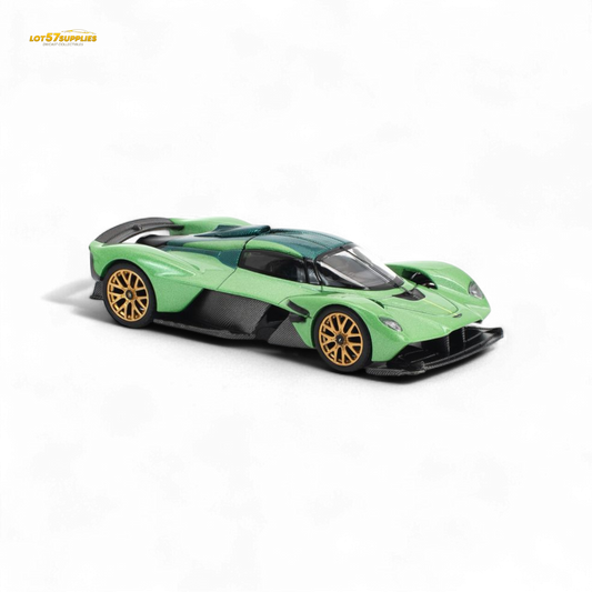 Iridescent emerald Aston Martin Valkyrie 1:64 diecast model from PopRace, detailed silver accents, sleek sports car design.