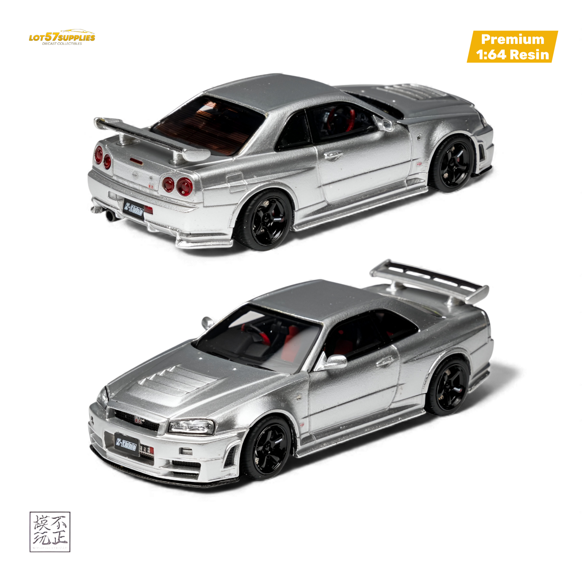 Silver Nissan Skyline GT-R R34 NISMO Z-TUNE diecast model car, detailed 1:64 scale, from Lot57Supplies Diecast Shop.