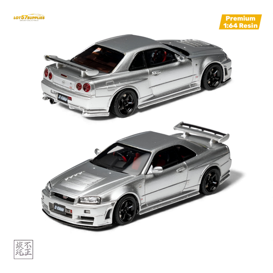 Silver Nissan Skyline GT-R R34 NISMO Z-TUNE diecast model car, detailed 1:64 scale, from Lot57Supplies Diecast Shop.