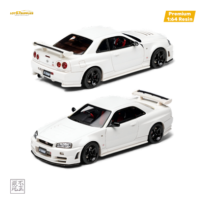Pearl white Nissan Skyline GT-R R34 Z-TUNE diecast model car in 1:64 scale, detailed miniature from Lot57Supplies Diecast Shop.