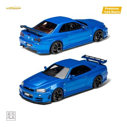 Detailed image of a 1:64 scale Nissan Skyline GT-R R34 Z-TUNE diecast model in Bayside Blue by Lot57Supplies Diecast Shop.