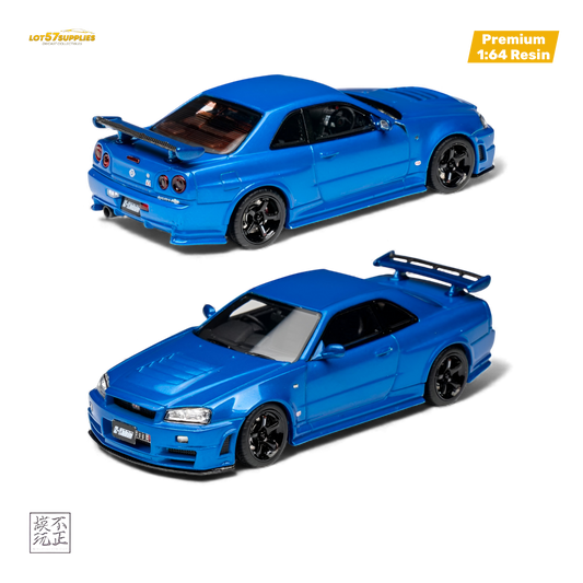 Detailed image of a 1:64 scale Nissan Skyline GT-R R34 Z-TUNE diecast model in Bayside Blue by Lot57Supplies Diecast Shop.