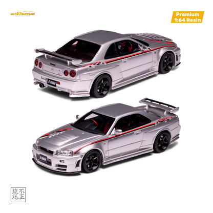 Silver Nissan Skyline GT-R R34 Z-TUNE Nismo Edition diecast model car, 1:64 scale, detailed Nissan collectible from Lot57Supplies Diecast Shop