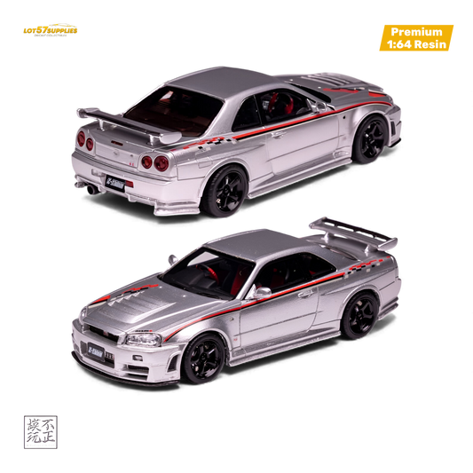Silver Nissan Skyline GT-R R34 Z-TUNE Nismo Edition diecast model car, 1:64 scale, detailed Nissan collectible from Lot57Supplies Diecast Shop