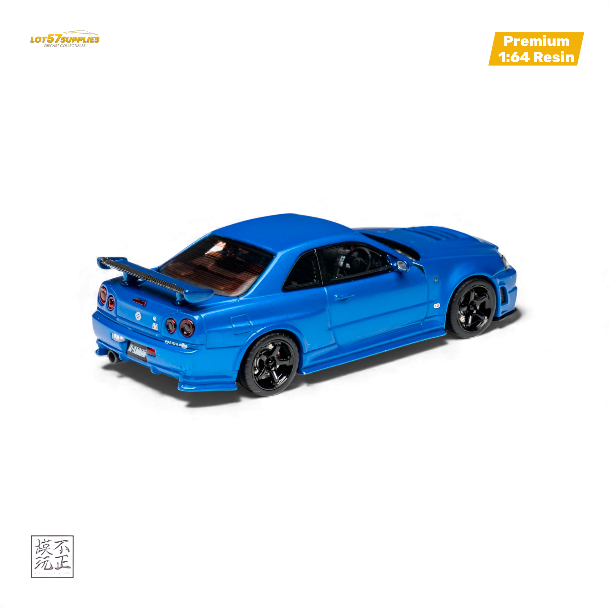 Detailed image of a 1:64 Nissan Skyline GT-R R34 Z-TUNE diecast model in Bayside Blue by Lot57Supplies Diecast Shop.