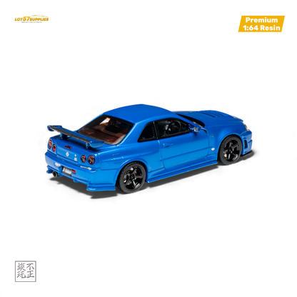 Detailed image of a 1:64 Nissan Skyline GT-R R34 Z-TUNE diecast model in Bayside Blue by Lot57Supplies Diecast Shop.