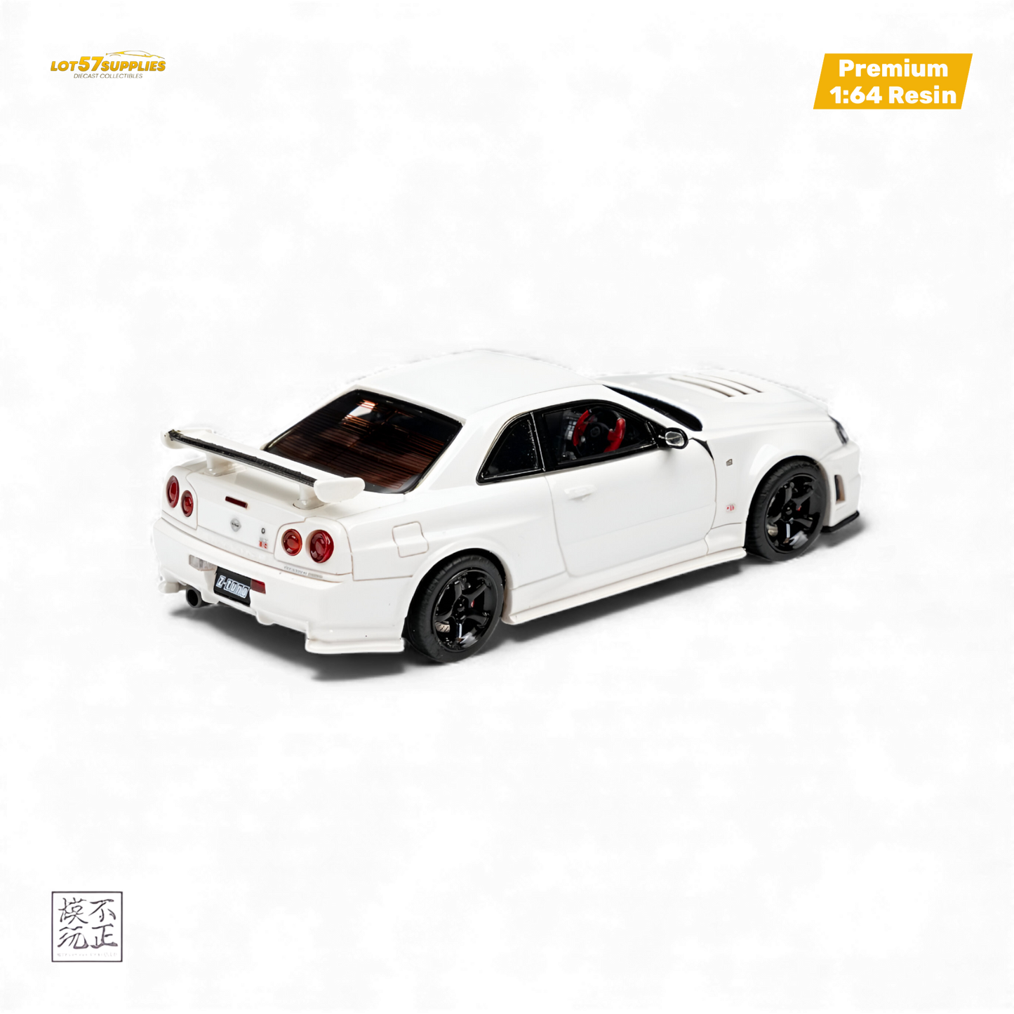 Pearl white Nissan Skyline GT-R R34 Z-TUNE diecast car model in 1:64 scale, featuring detailed design and realistic features.