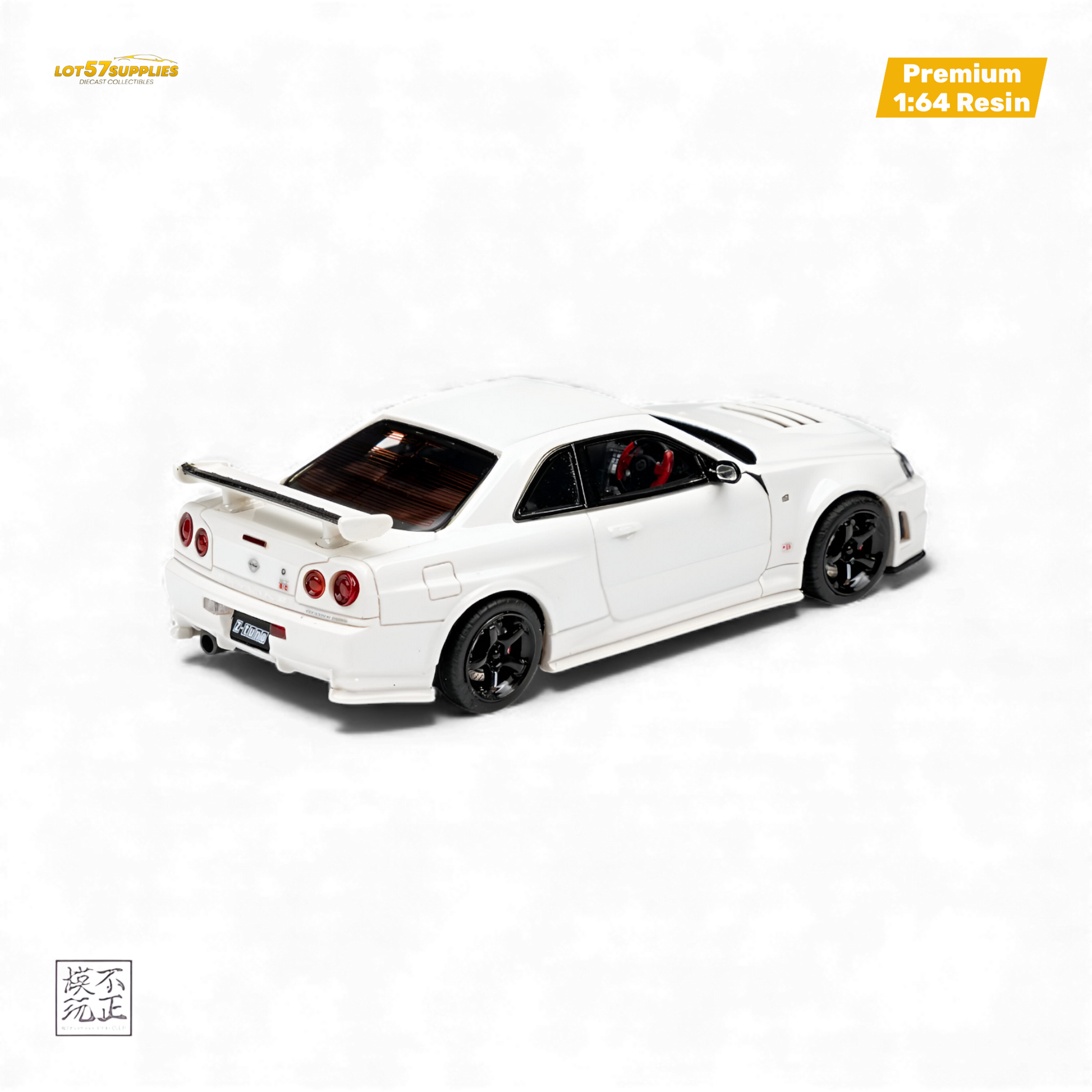 Pearl white Nissan Skyline GT-R R34 Z-TUNE diecast car model in 1:64 scale, featuring detailed design and realistic features.