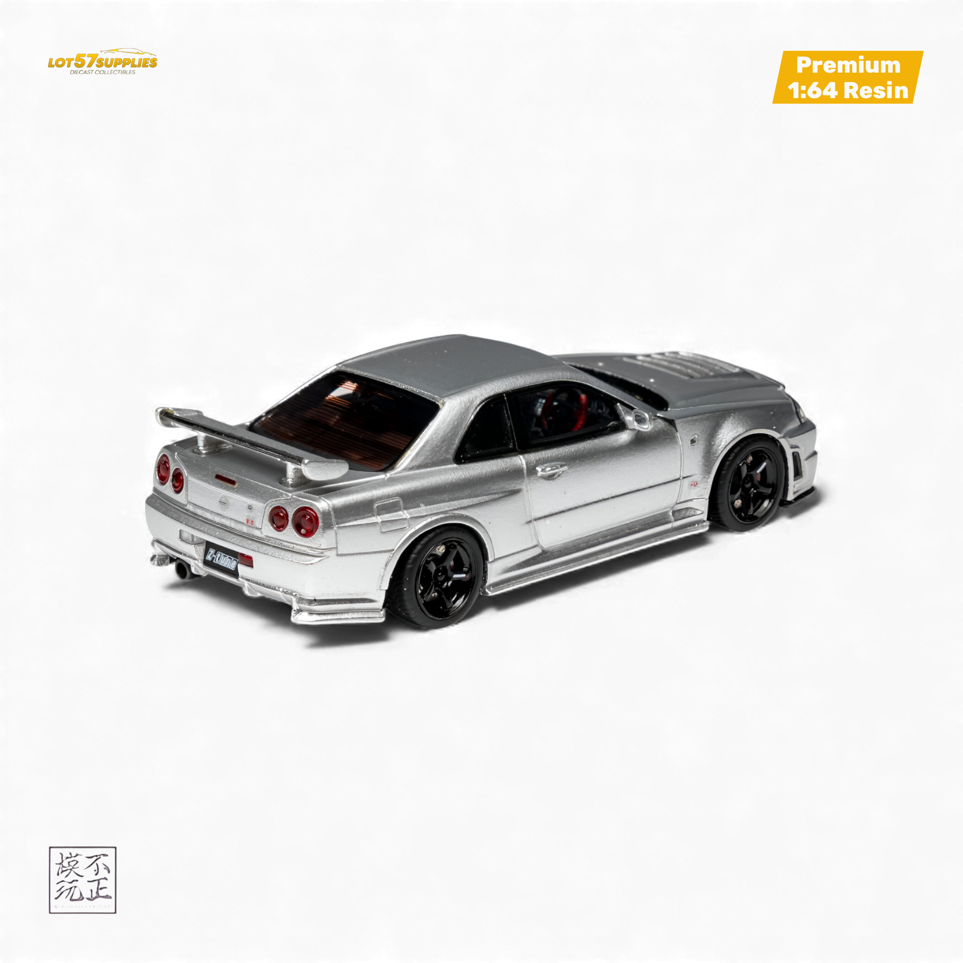 Silver Nissan Skyline GT-R R34 NISMO Z-TUNE diecast car by Lot57Supplies, detailed 1:64 scale model showcasing realistic features.
