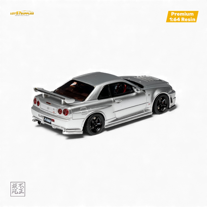 Silver Nissan Skyline GT-R R34 NISMO Z-TUNE diecast car by Lot57Supplies, detailed 1:64 scale model showcasing realistic features.