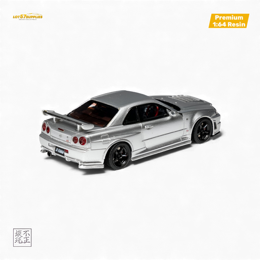 Silver Nissan Skyline GT-R R34 NISMO Z-TUNE diecast car by Lot57Supplies, detailed 1:64 scale model showcasing realistic features.