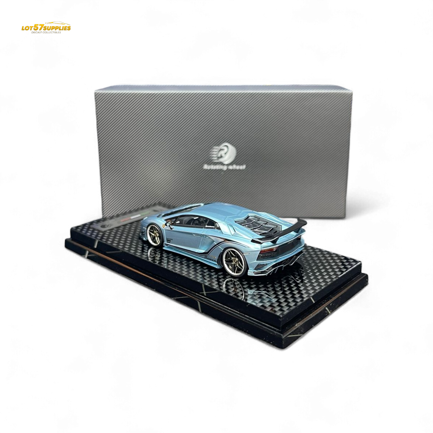 Ice blue Lamborghini Aventador S diecast wheel, rotating model toy by Lot57Supplies Diecast Shop, detailed 1:64 scale.
