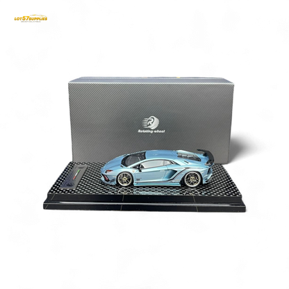 Ice blue Lamborghini Aventador S 1:64 diecast wheel rotating model by Lot57Supplies Diecast Shop, showcasing detailed Lamborghini replica.